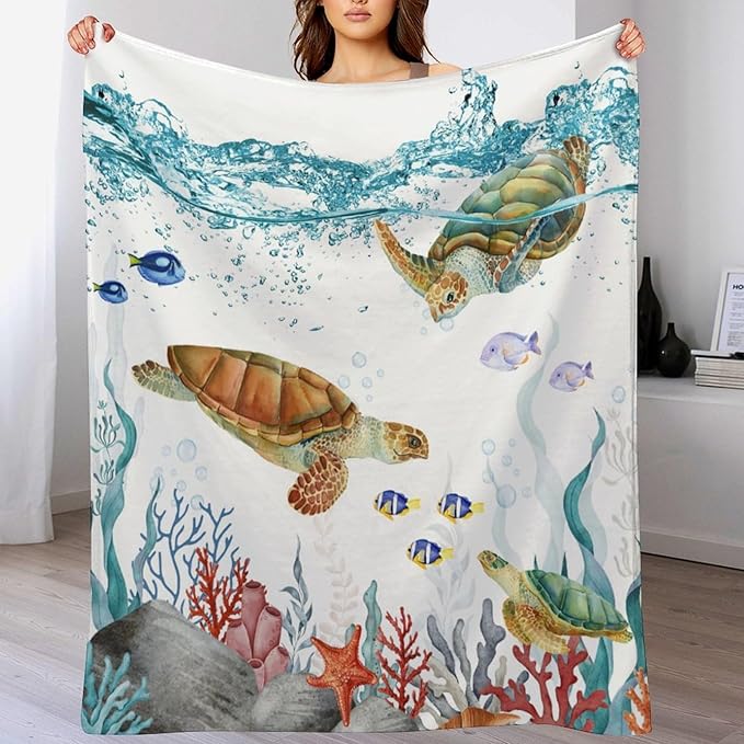 Sea Turtle Throw Blanket, Teal Blue Ocean Underwater Animal Starfish Fish Nautical Coastal Theme Fleece Flannel Blanket for Couch Sofa Bedroom Adults Kids, 40"x50"