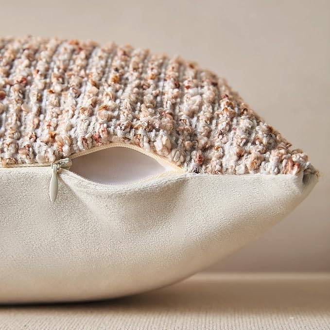 Decorative Lumbar Pillow Cover 14x36 Beige Striped Wool Long Body Pillow Neutral Textured Boho Lumbar Throw Pillow Cushion Covers for Modern Farmhouse Sofa Bed Living Room Decor SY011-A14