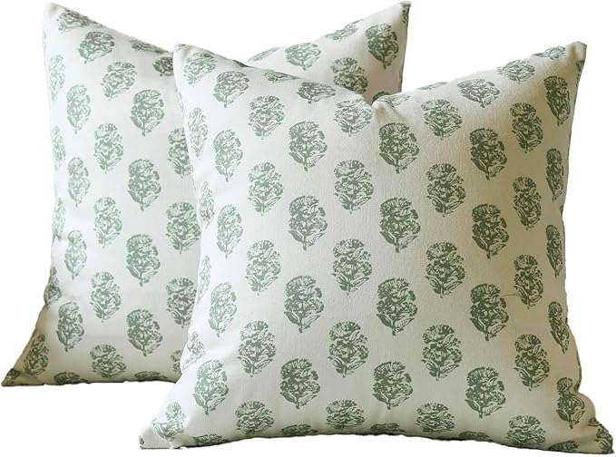DOMVITUS Set of 2 Floral Pillow Covers 20x20, Block Print Pillow Covers Vintage Neutral Decorative Farmhouse Throw Pillow Covers for Couch Bed Living Room Sage Green