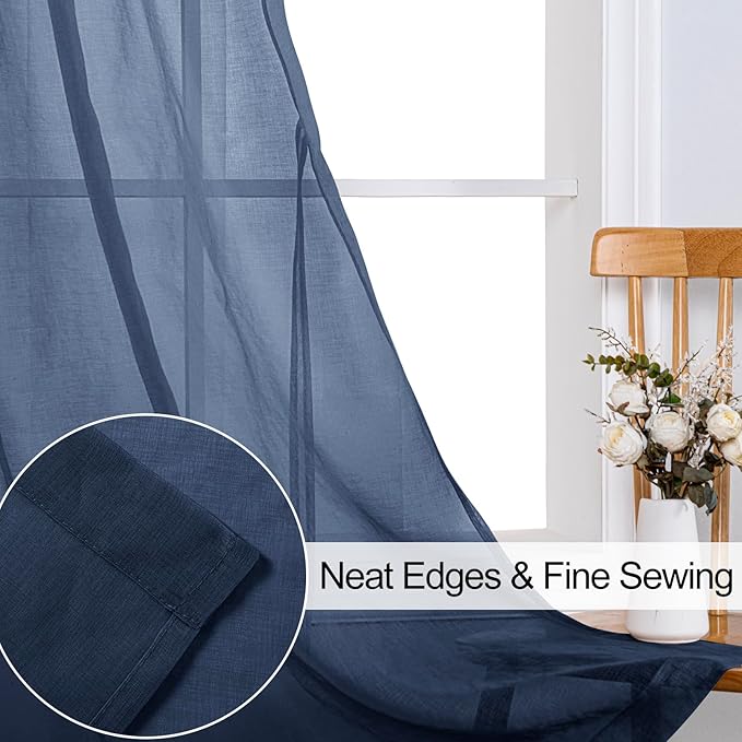 XWZO Sheer Curtains 84 Inches Long for Bedroom, Light Filtering Faux Linen Grommet Window Curtains for Living Room, Kids Room, Study with Tiebacks, Navy Blue, Set of 2 Panels, 52 x 84 Inches Long