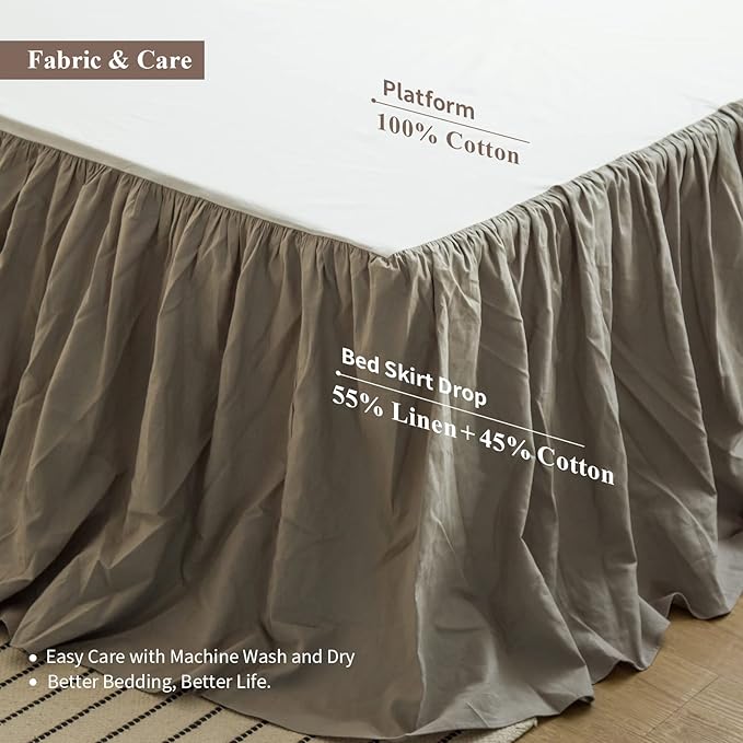 BISELINA French Linen Bed Skirt with Pleated Frills 22-Inch Tailored Drop Natural Flax Cotton Blend Dust Ruffle Soft Cozy Farmhouse Bedding (22" Full, Grey)