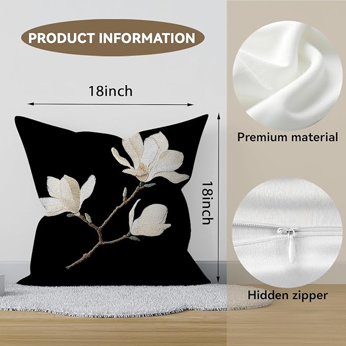 Vintage Floral Throw Pillow Covers, Vintage Flower Pattern Double Sided Cushion Cover, Indoor and Outdoor Home Art Decor Pillowcase for Sofa or Bedroom Decor 18x18inches (Black&White, 18x18inches)