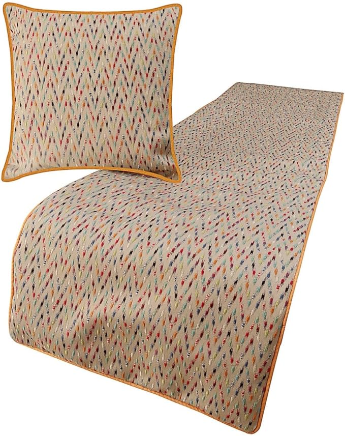 The HomeCentric King Queen Twin Beige & Multicolor Luxury Full 68"x18" Bed Runner with 2 Pillow Cover, Chevron Embroidery Bed Scarf on Jacquard Embroidered Fabric - Happy Chevy