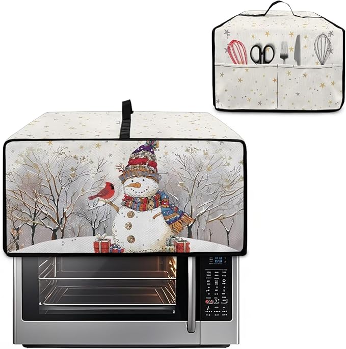 Christmas Air Fryer Toaster Oven Dust Cover Dustproof Convection Oven Cover with Pockets for Small Kitchen Appliances, S, 14.5 x 18.5 x 9 Inches, Snowman Cardinal Bird Tree Star White