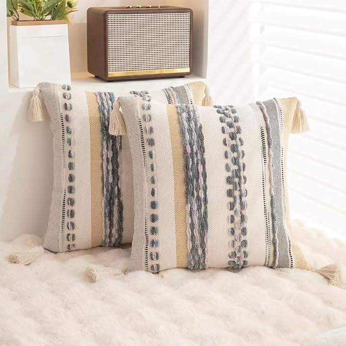 Boho Throw Pillow Covers 18x18 Set of 2 Woven Tufted Farmhouse Pillows Cover with Tassels Textured Striped Cushion Case Neutral Pillow Cases Decorative Pillowcase for Sofa Couch Bed,Grey