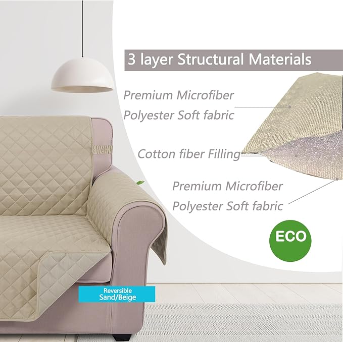 U-NICE HOME Loveseat Sofa Cover Reversible Couch Cover for Dogs with Elastic Straps Water Resistant Furniture Protector for Pets Couch Cover for 2 Cushion Couch (Loveseat, Sand/Beige)