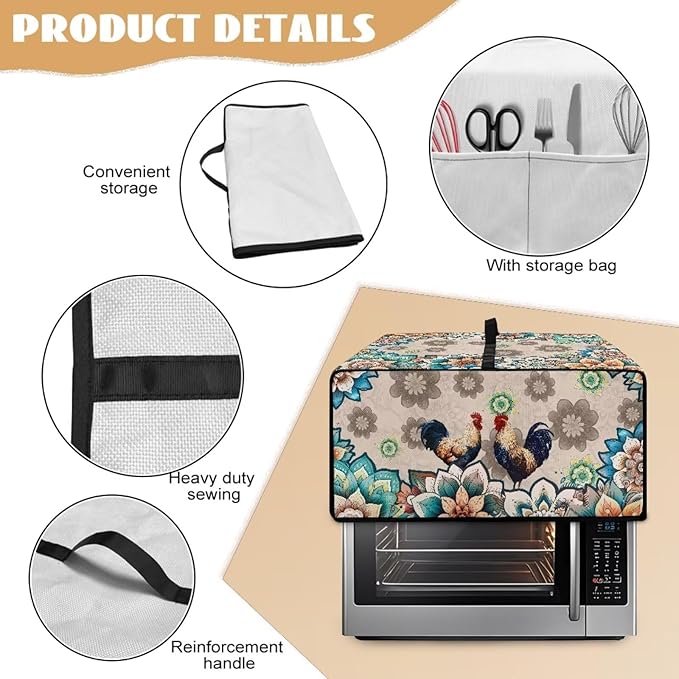 Rooster Boho Mandala Floral Print Microwave Oven Dust Cover Polyester-Linen Fabric Microwave Oven Cloth Cover Universal Case Protections Protector with Storage Bags, S