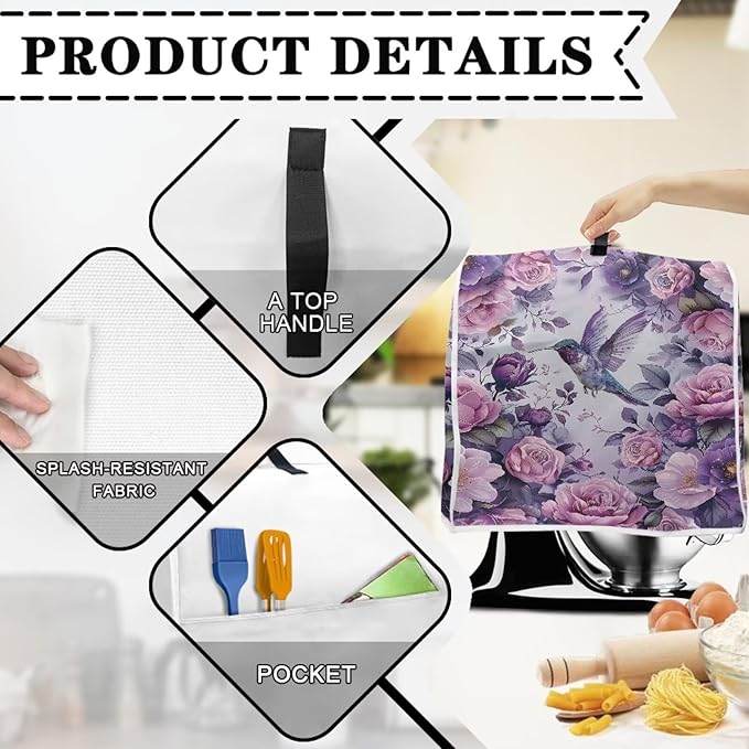 Hummingbird Stand Mixer Cover 4.5-5 Quart Floral Print Kitchen Appliance Covers Dust Protection Universal for Pressure Cooker Air Fryer Washable Kitchen Decoration Gift for Housewarming
