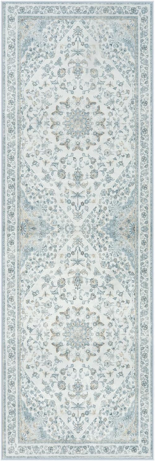 Moynesa Vintage Washable Blue 2x6 Hallway Runner Rug, Neutral Distressed Oriental Runner for Entryway Kitchen Bathroom Bedroom, Low Pile Soft Non-Slip Carpets for Nursery Laundry