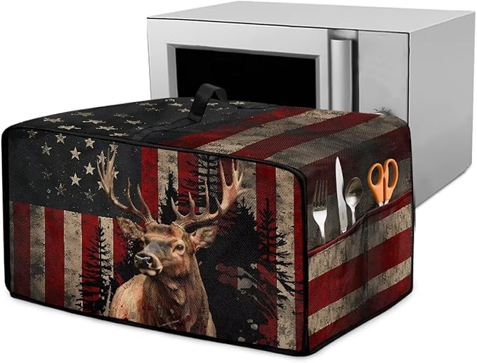 Vintage Deer Elk Print Microwave Oven Cover Waterproof Dust Cover for Microwave Oven American Flag Forest Print Universal Small Appliance Dust Covers Dirt and Fingerprint Protection, L