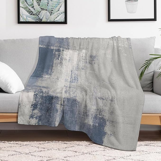 Abstract Gradient Blanket, Modern Fashion Art Blue Grey Painting Strokes Pattern Soft Warm Cozy Plush Flannel Covers for Livingroom Bedroom Couch Chair Camping Travel Home Decor Tapestry 60x80in