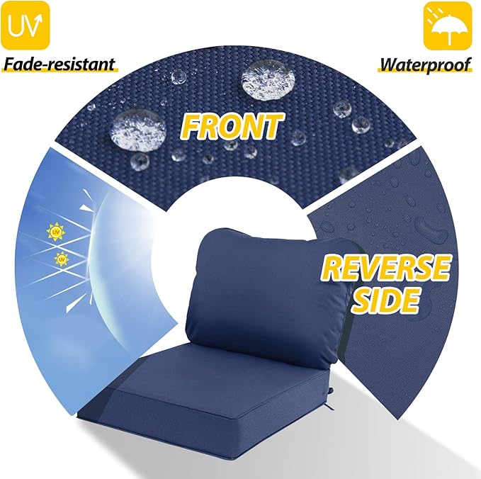 AAAAAcessories Outdoor Deep Seat Cushions, Waterproof, Fade-Resistant Patio Furniture Replacement Cushions, 25.5" x 25.5" x 5" + 25.5" x 19", Navy Blue