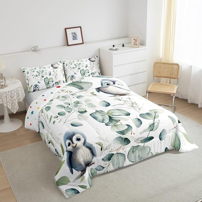 Erosebridal Cartoon Penguin Full Comforter Set Toddler Woodland Wildlife Bedding Set, Plant Bedding Comforter Sets Eucalyptus Leaf Duvet Set, Antarctic Animal Theme Quilted Comforter Kids Room Decor