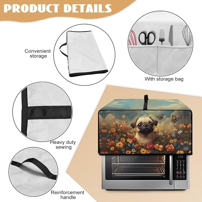 Cute Pug Dog Floral Butterfly Print Microwave Oven Dust Cover Dust Cover for Microwave Oven Universal Foldable Small Appliance Dust Covers Dirt and Fingerprint Protection, M