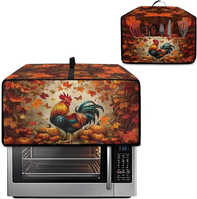 Air Fryer Toaster Oven Cover with Pockets, Stain-resistant Microwave Oven Protector for Kitchen Countertop, S, 14.5 x 18.5 x 9 Inches, Chicken Rooster Pumpkin Fall Leaves