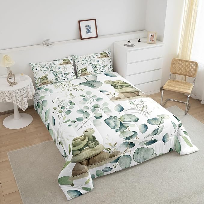 Erosebridal Kawaii Turtle Queen Size Comforter Set for Boys Girls Cartoon Animal Bedding Set, Eucalyptus Leaves Down Comforter Marine Wildlife Bed Set, Tropical Botanical Plants Quilted Duvet