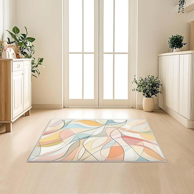 2x3 Colorful Entryway Area Rug Blue White Pink Yellow Bathroom Rug Non Slip Machine Washable Low Pile Small Carpet Kitchen Bedroom Door Mat Entrance