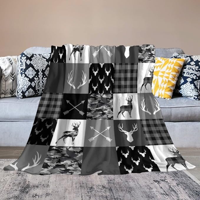 Rustic Cabin Throw Blanket, Farmhouse Grey Camouflage Deer Vintage Country Hunting Wildlife Blanket Throw for Bed Camping Travel Living Room Bedroom, 30"x40"