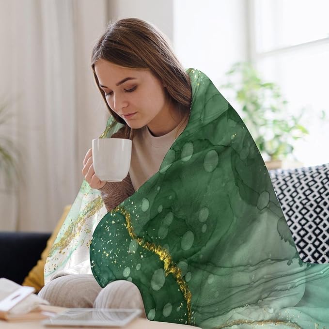 Modern Marble Blanket, Abstract Luxury Baroque Golden Lake Green Stone Veins Pattern Soft Warm Cozy Plush Flannel Covers for Livingroom Bedroom Couch Chair Camping Travel Home Decor Tapestry 40x50in