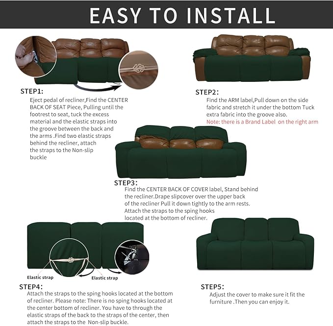 Easy-Going 8 Pieces Recliner Sofa Stretch Sofa Slipcover Sofa Cover Furniture Protector Couch Soft with Elastic Bottom Kids, Spandex Jacquard Fabric Small Checks Dark Green