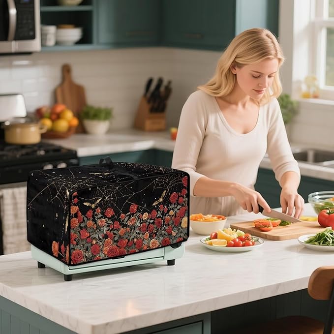 Red Rose Bat Cobweb Print Microwave Oven Dust Cover Polyester-Linen Fabric Dust Cover for Microwave Oven Universal Dust-Proof Kitchen Appliance Protector Fits Most Microwaves, M
