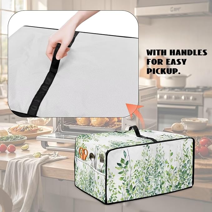 Toaster Oven Dust Cover with Storage Pockets, Dust-Proof Kitchen Appliance Protector for Small Appliances Convection Ovens, L, 18.5 x 22.5 x 13 Inches, Green Leaf White