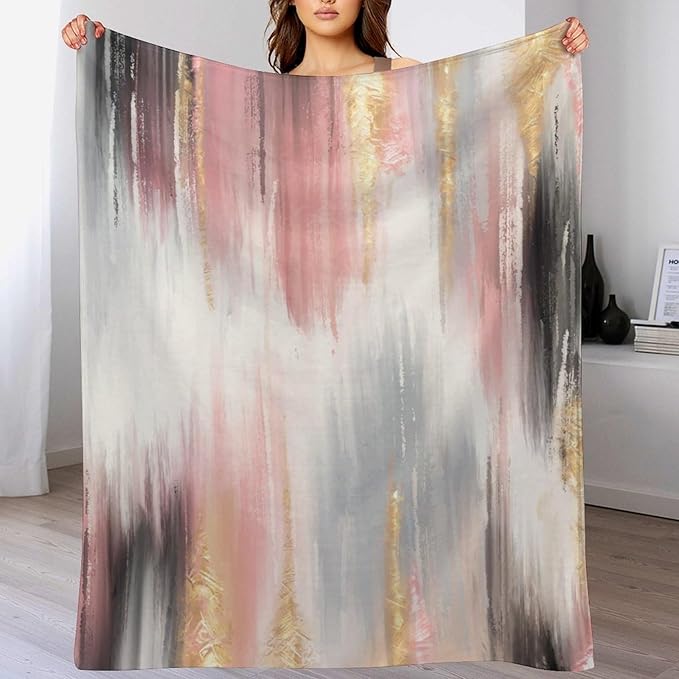 Fashion Gradient Blanket, Modern Art Baroque Gold Grey Pink Painting Strokes Pattern Soft Warm Cozy Plush Flannel Covers for Livingroom Bedroom Couch Chair Camping Travel Home Decor Tapestry 40x50in