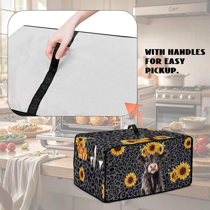 Air Fryer Toaster Oven Dust Cover with Storage Pockets, Stain-resistant Countertop Convection Oven Cover Kitchen Appliance Decor, S, Highland Cow Sunflower Dark Gray