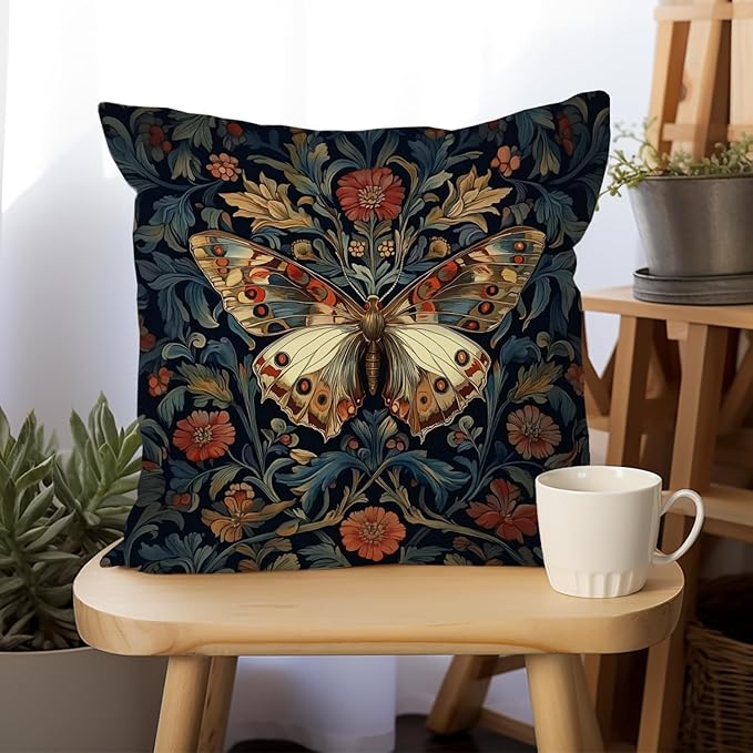 William Morris Abstract Vintage Floral Velvet Butterfly Design Throw Pillow Covers Home Decor, Retro Art Deco Pillowcase Cushion Cover for Bed Sofa Living Room, Square 18x18inch (Blue-Butterfly)