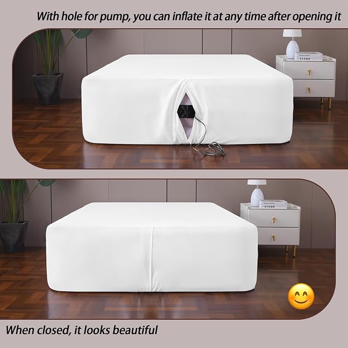 Twin Fitted Sheet for Air Mattress,with 24 Inch Extra Deep Pockets,Ultra Soft Durable Breathable Bed Sheets Cover for Inflatable Air Bed,with Pump Opening,Inflate at Any Time-White