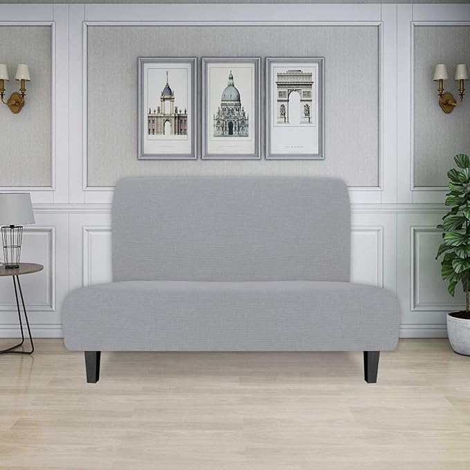Easy-Going Stretch Futon Sofa Slipcover Armless Sofa Bed Cover Furniture Protector Without Armrests with Elastic Bottom for Kids,Soft Jacquard Fabric Small Checks（Medium Futon,Silver Gray