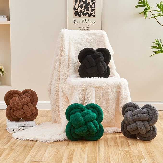 Xiashrk Knot Pillow Ball, 12" Soft Decorative Throw Pillows for Couch Bed, Black Knotted Plush Throw Pillow Handmade Square Cushion Home Couch Decor Pillows for Living Room