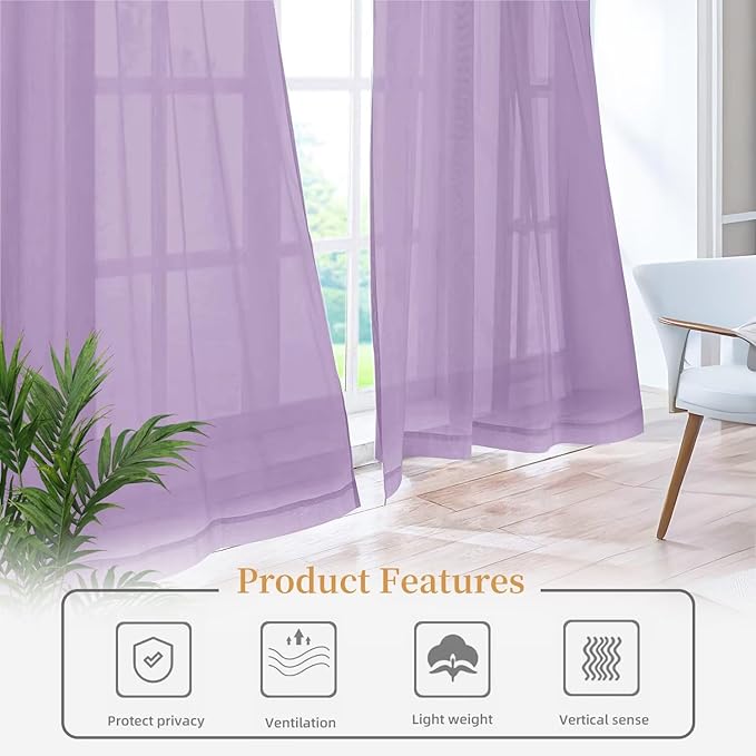 Sheer Curtains 54 Inches Long 2 Panels, Rod Pocket Short Curtain for Kitchen, Bedroom, Cafe Window(Lavender 38" W x 54" L)