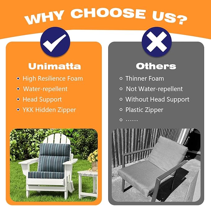 Sunbrella Outdoor High Back Chair Cushion Seat Pads, 44 x 21 Inch Water-Repellent & Fade-Resistant Patio Furniture Cushions with Ties for Adirondack, Rocking Chairs, Troupe Dock