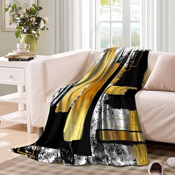 Modern Abstract Geometric Comfortable Blanket 60x80inch(150x200cm),Black White Gold Oil Painting Art Travel Blanket Lightweight Soft Cozy