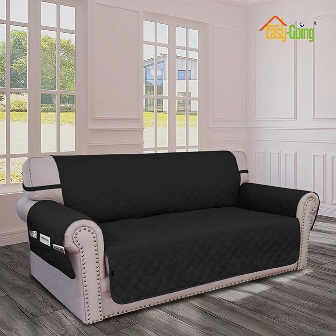 Easy-Going Waterproof Oversized Loveseat Covers Leakproof Couch Cover for 2 Cushion Couch Sofa Cover Washable Sofa Slipcover Non-Slip Furniture Protector with Pocket for Pets (Medium-XL, Black)