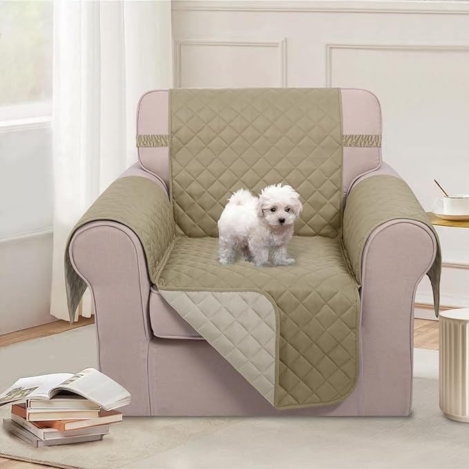 U-NICE HOME Recliner Chair Covers Reversible Chair Cover Pet Covers for Dogs with Elastic Straps Water Resistant Diamond Quilted (23''Recliner Small, Light Camel/Beige)