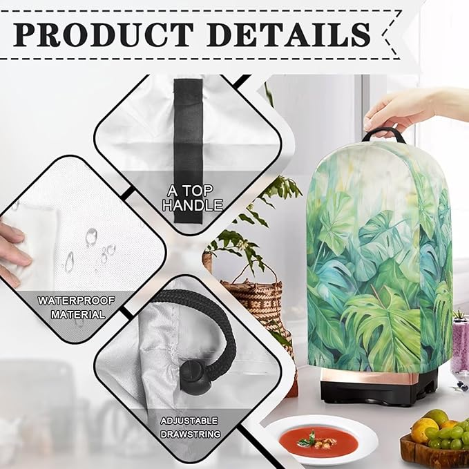 Green Palm Leaf Print Blender Dust Cover for Home Kitchen Small Appliance Decor, Anti Fingerprint Oil-proof Dust Protection Stand Mixer Cover Juicer Cover 9.4 x 7.2 x 15.9 inch