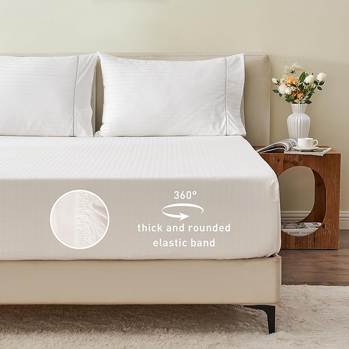 Sunflower Queen Fitted Sheet, 1-Piece Extra Deep Pocket Fitted Bottom Sheet 22", 100% Cotton Jacquard Damask Sheets Sateen Weave Soft Breathable, White Striped