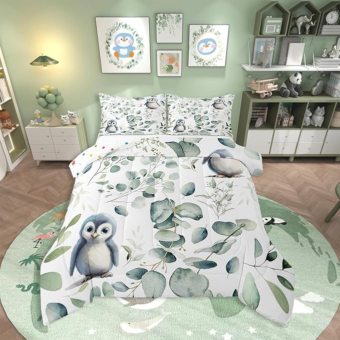 Erosebridal Cartoon Penguin Queen Bedding Sets Toddler Woodland Wildlife Comforter Set, Plant Down Comforter Eucalyptus Leaf Bedding Comforter Sets, Antarctic Animal Theme Duvet Insert Kids Room Decor