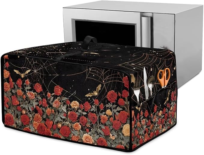 Red Rose Bat Cobweb Print Microwave Oven Dust Cover Polyester-Linen Fabric Dust Cover for Microwave Oven Universal Dust-Proof Kitchen Appliance Protector Fits Most Microwaves, M