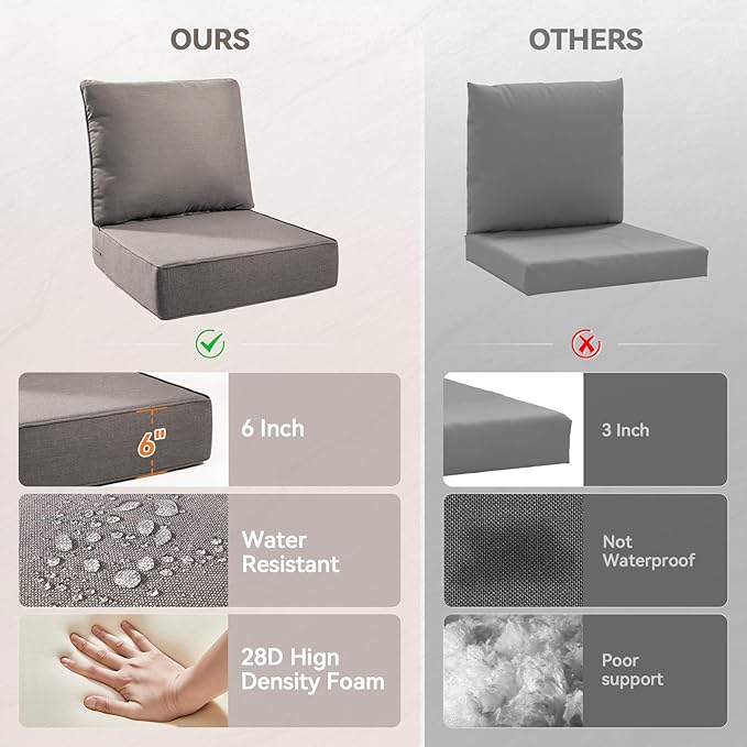 Luxury 6" Outdoor Cushions for Patio Furniture, 24x24x6" Thick Seat Cushion Set of 4, Fade Resistant Couch Chair Replacement Cushions High Density Deep Wicker Chair Cushion w/ Removable Cover Gray
