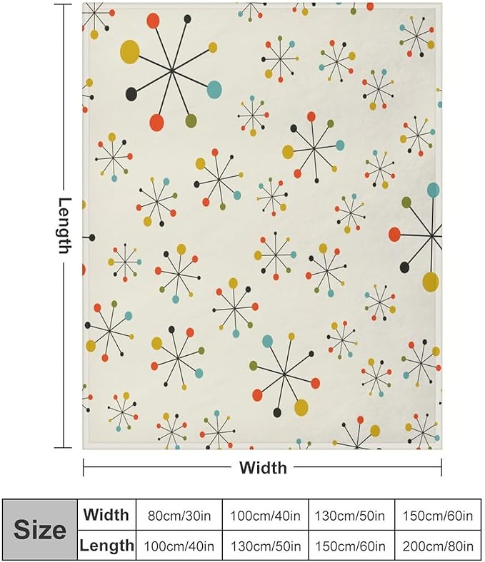 Mid Century Throw Blanket, Retro Abstract Geometric Pattern Boho 1950s 1960s Iconic Atomic Starbursts Modern Sputnik Print Blanket for Couch Sofa Bed Decorative Gifts 40"x50"