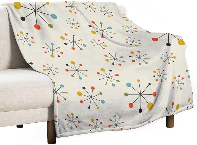 Mid Century Throw Blanket, Retro Abstract Geometric Pattern Boho 1950s 1960s Iconic Atomic Starbursts Modern Sputnik Print Blanket for Couch Sofa Bed Decorative Gifts 30"x40"