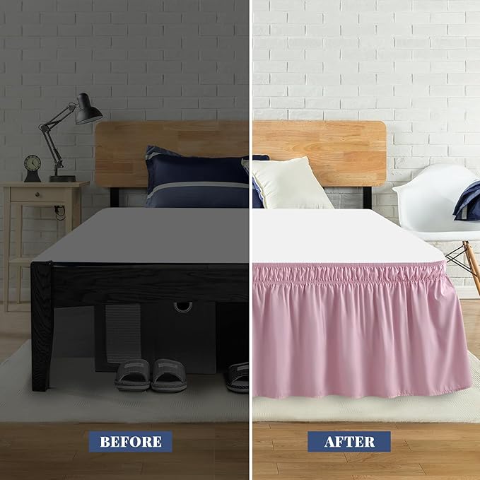 Twin Bed Skirt, Elastic Wrap Around Bed Skirt Twin Size, Bed Skirts for Adjustable Bed, Easy Fit with 18" Drop Length Tailored Drop Dust Ruffle (Pink)
