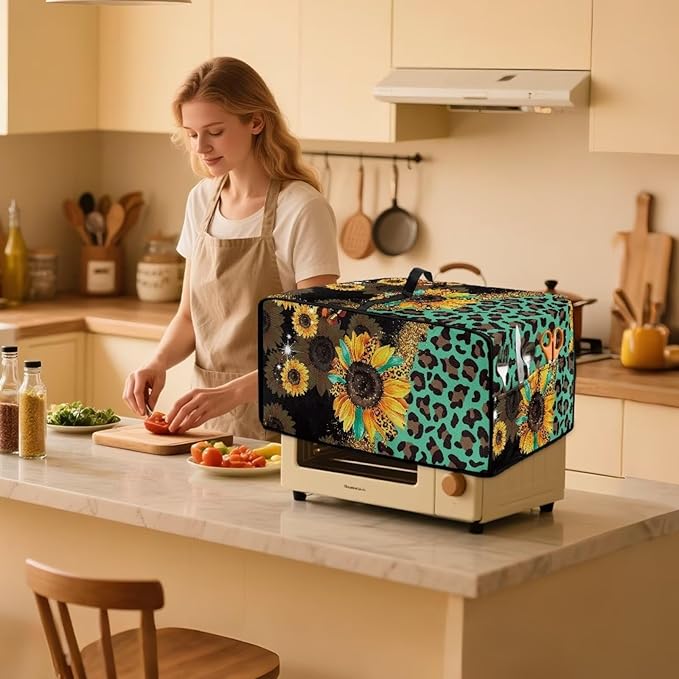 Toaster Oven Protective Cover with Side Pockets, Dustproof Smart Microwave Oven Protector for Kitchen Countertop, M, 16.5 x 20.5 x 10 Inches, Sunflower Leopard Print