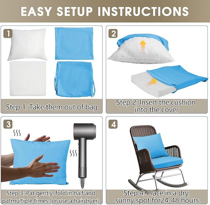 Outdoor Seat Cushion Set 24 x 24 In, Water-Resistant & Fade-Resistan, Patio Furniture Cushions with Removable Cover Deep Seat & Back Cushion with Handle and Adjustable Straps for Chair Sofa,4PC