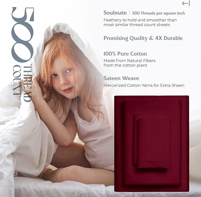 Mayfair Linen 500 Thread Count 100% Cotton Sheets King Size Bed Set - 4 PC King Bed Sheet Set (Burgundy) Soft, Cooling, Sateen 16" Deep Pocket Bedsheet for Hot Sleepers (Fits 18" Mattress)
