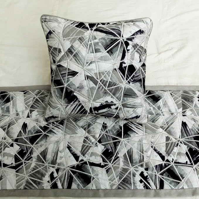 The HomeCentric King/Queen/Twin Grey Decorative Queen 74"x18" Bed Runner Without Pillow Cover, Print & Embroidery Bed Scarf on Cotton Fabric - Grey Angular