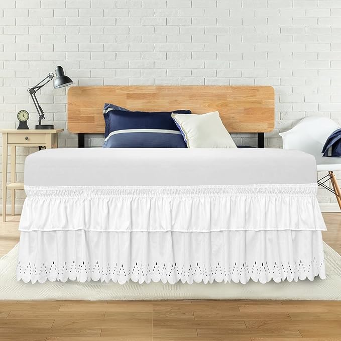 King Bed Skirt, Double-Layered Ruffled Eyelet Bed Skirt, Wrap-Around Elastic Dust Ruffle King Size with Gathered Styling and Embroidered Details, 14" Drop Length (White)